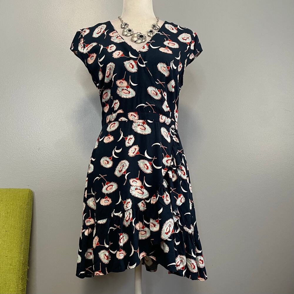 J Crew Black Floral Ruffle Faux Wrap Dress 6 Cocktail